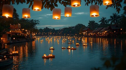 Poster - A breathtaking night scene filled with glowing sky lanterns and traditional Thai krathongs floating peacefully on a calm river