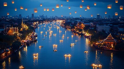 Poster - Mesmerizing panoramic view of a cityscape with rivers and canals glowing with floating krathongs and sky lanterns during the Loy Krathong festival on a serene night
