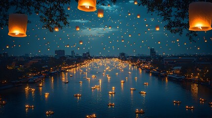 Poster - A panoramic view of a glowing cityscape with rivers and canals illuminated by floating krathongs and sky lanterns during the traditional Loy Krathong festival in Thailand