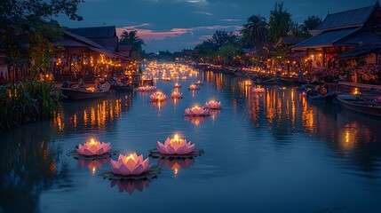 Aufkleber - A peaceful scene of lotus shaped krathong floating on a serene river with the soft glow of candles reflected on the calm water