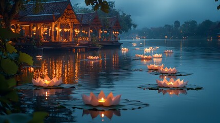 Poster - A quiet and serene riverbank scene featuring floating lotus shaped krathongs with candles gently illuminating the water
