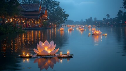 Aufkleber - A tranquil riverbank scene with lotus shaped krathongs and the reflections of flickering candles on the calm water