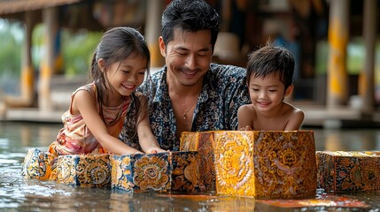 Poster - A family carefully crafts and decorates a traditional krathong a lotus shaped floating offering in for the Loy Krathong water festival in Thailand