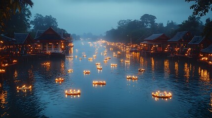 Poster - Rows of colorful krathong candle lit offerings floating on a calm river creating a serene and mystical atmosphere for the Loy Krathong festival in Thailand
