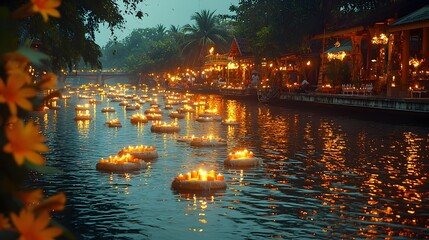 Poster - Rows of krathongs traditional Thai offering vessels floating gracefully on a serene river their candles casting a warm enchanting glow on the water s surface during the Loy Krathong festival