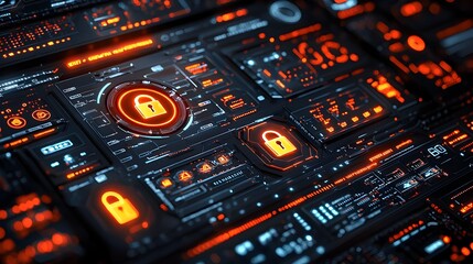 Aufkleber - Futuristic digital security dashboard featuring firewall locks 3D data visualizations and advanced cybersecurity monitoring tools to protect sensitive information and networks
