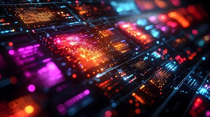 Fototapete - Intricate holographic data grid interface showcasing secure protocols and digital information with vibrant electric color palette against a sleek black backdrop