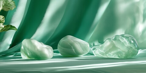 Poster - Three smooth, green, translucent stones lie on a mint green fabric background.