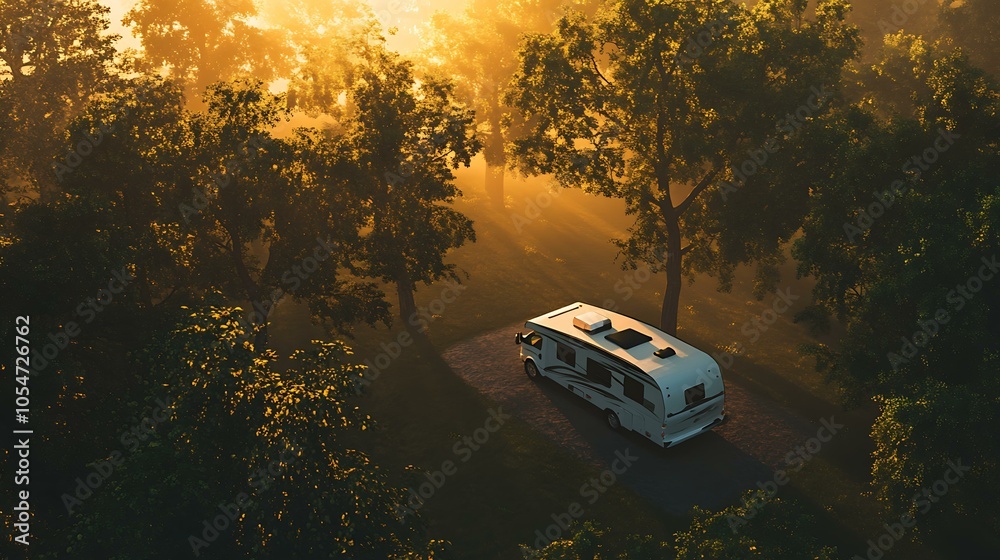 A modern Class C motorhome at a secluded campsite in a lush forest ...