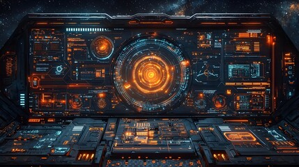 Poster - Visually captivating cyber display interface featuring intricate security overlays and a deep space themed background conveying a sense of advanced technology and futuristic innovation