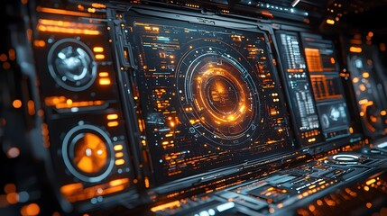 Fototapete - Secure Digital Interface for Advanced Access Control and Real Time Threat Detection  Futuristic 3D visualization dashboard with network monitoring firewall management and data protection features