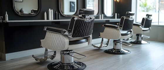 Poster - Sleek and Modern Hair Salon with Stylish Barber Chairs and Symmetrical Mirror Layout in Monochromatic Black and White Color Scheme  The Empty