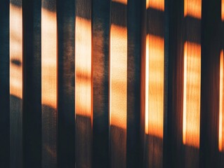 Poster - Abstract composition showcasing dynamic light and shadow patterns created by wooden slats creating a warm, inviting atmosphere.