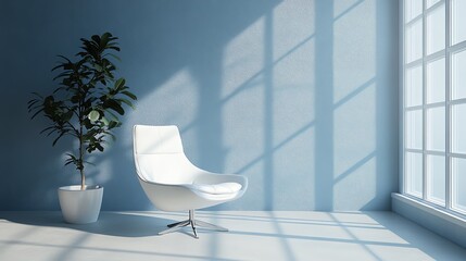Poster - A white armchair sits in a blue room with a potted plant and a large window. The sun shines through the window, creating shadows on the wall.