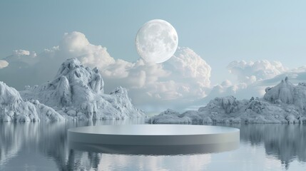 Poster - 3d render podium with moon, winter background, sky blue color, minimalist stage design style