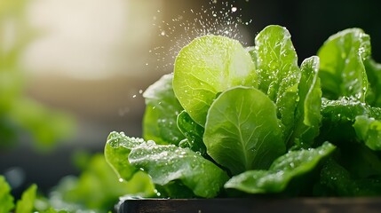 Poster - Sparkling water droplets catching the golden fairy light of dawn as a sprinkler waters rows of leafy thriving vegetable garden in a peaceful natural atmosphere