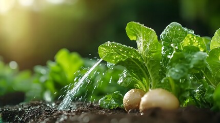 Poster - Sprinkler spraying water in a vegetable garden golden morning light shimmering through the mist creating a fairy tale like garden scene with radiant and vibrant greens