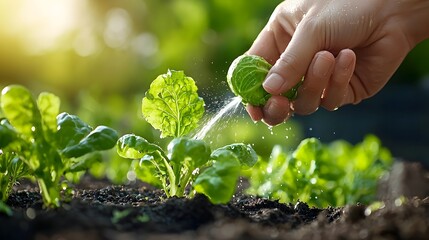 Poster - Magical vegetable garden scene with sprinkler spraying water creating a fairy tale like atmosphere with golden morning light shimmering through the misty haze and lush radiant greenery