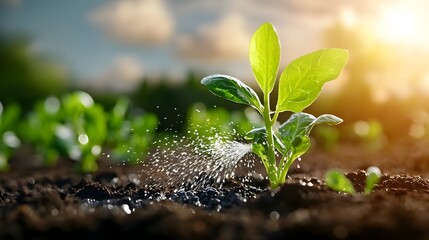 Poster - Sprinkler spraying water in a lush verdant vegetable garden on a golden morning creating a fairy tale like scene with shimmering mist and radiant greens