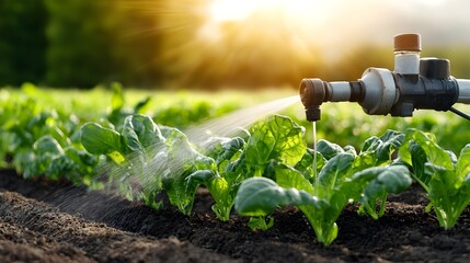 Poster - Lush vegetable crops thriving in a bountiful garden gently watered by a sprinkler as the warm morning sun casts a dreamy ethereal glow through the mist creating a serene and pastoral scene