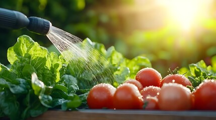 Poster - Gentle morning sun casting a warm golden glow over a garden filled with mist from a sprinkler creating a serene and ethereal atmosphere amidst the lush vegetation and rows of thriving vegetables