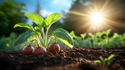 Poster - Gentle morning sun catching the mist from a garden sprinkler golden light filling the vegetable rows a serene fairy like glow spreading through the picturesque garden scene