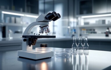 A modern laboratory setup featuring a microscope and glass flasks on a sleek table, illuminated with soft lighting.