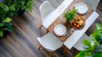 Aufkleber - Overhead view of a serene and calming dining room with a minimalist table setting white decor and soft natural lighting creating a tranquil and sophisticated ambiance
