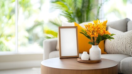 Aufkleber - Cozy and inviting contemporary living room scene with a round ottoman vibrant floral decor touches and a blank poster frame for personalized art or photography display