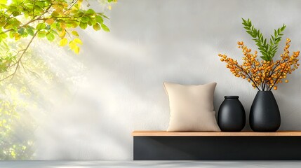Aufkleber - Serene and Tranquil Japandi Style Living Room with Sleek Black Table Wooden Shelving and Warm Stucco Walls Creating a Cozy Harmonious Atmosphere