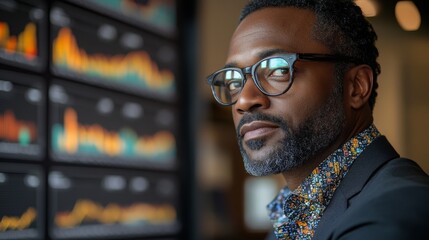 Poster - Middle-aged Black man analyzing financial data on multiple screens in a modern office setting