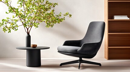 Aufkleber - Peaceful and Minimalist Japandi Inspired Interior Design with an Armchair Black Coffee Table and Wooden Shelf Beside a Stucco Wall