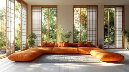 Aufkleber - Inviting and Harmonious Contemporary TV Room Featuring a Bold Curved Sofa in Bright Colors Complemented by Subtle Japanese Decor Touches for a Refined and Calming Aesthetic