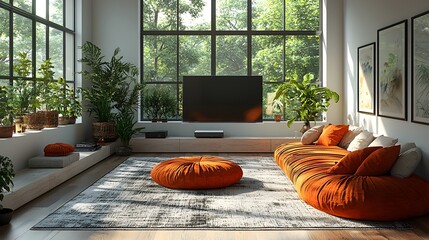 Aufkleber - Elegant Japanese inspired TV room featuring white tones a colorful curved sofa and traditional meets modern decor creating a harmonious and cozy living space