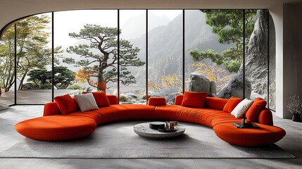 Poster - Peaceful and Sophisticated Living Room Design with Curved Sofa Vibrant Glass Windows and Harmonious Japanese Inspired Decor Elements for a Calming Contemporary Atmosphere