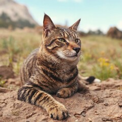 Tabby Cat Resting Outdoors in Nature
