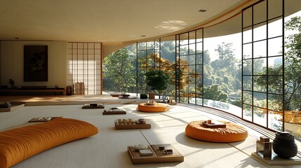 Fototapete - Serene Open Concept Living Room with Minimalist Japanese Touches and Elegant Curved Sofa   A bright and airy space with a refined sophisticated style featuring a white palette glass windows