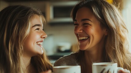 smiling mother and teenage daughter enjoying coffee together