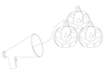 Poster - One continuous line of Megaphone with Halloween Jack O' Lantern pumpkin. Thin Line Illustration vector concept. Contour Drawing Creative ideas.