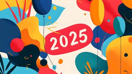 Aufkleber - Elegant and creative New Year 2025 composition featuring a curvy modern font paired with subtle line art of balloons and streamers providing a clear