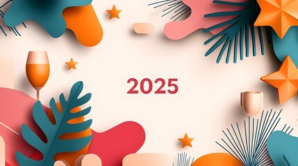 Aufkleber - Celebratory 2025 Geometric Design with Champagne Glasses and Stars   Elegant and Minimalist Graphic for New Year s Eve Parties Holidays and Other Marketing Needs