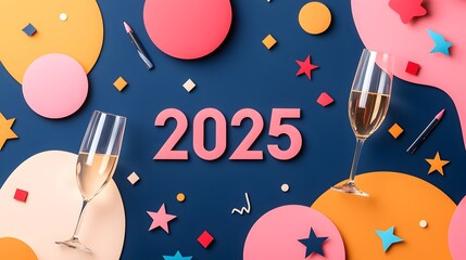 Poster - Elegant and Minimalist 2025 Design Featuring a Geometric Font Composition Accented by Champagne Glasses and Sparkling Stars Providing Ample Space for Marketing Purposes