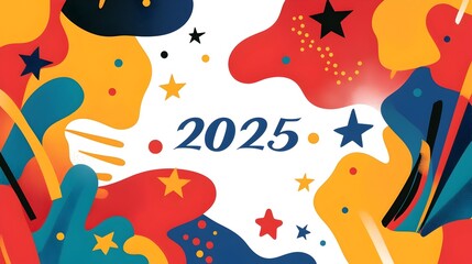Poster - Minimalist modern design with a stylized geometric  2025  accented by minimalist line art of champagne glasses and sparkling stars creating a clean