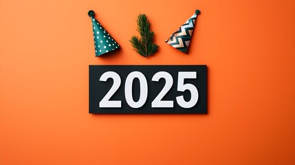 Aufkleber - Sleek and modern 2025 graphic design with minimalist line art of fireworks and party hats offering ample blank space for promotional content and new year event