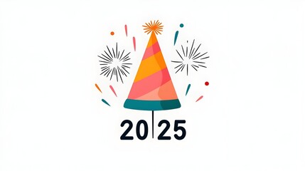 Aufkleber - Sleek modern and edgy 2025 typography design with simple line art fireworks and party hats offering a clean and versatile background for various promotional event or content