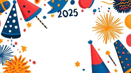 Aufkleber - Sleek and modern 2025 typographic design with simple line art elements of bursting fireworks and party hats offering ample blank space for promotional content or branding