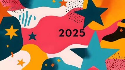Aufkleber - Elegant and modern graphic design featuring the numbers 2025 in a bold contemporary font accented by line art of stars and a celebratory banner