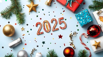 Poster - Sleek and modern geometric 2025 design with line art of champagne glasses and sparkling stars surrounded by vibrant festive streamers for new year or event invitation