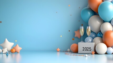Aufkleber - Festive modern scene with a geometric font displaying  2025  decorated with minimalist line art of champagne glasses stars balloons and streamers leaving ample ad space for design or marketing