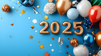 Aufkleber - Futuristic geometric font 2025 paired with minimalist line art elements like balloons stars and champagne glasses creating a visually striking design perfect for marketing event